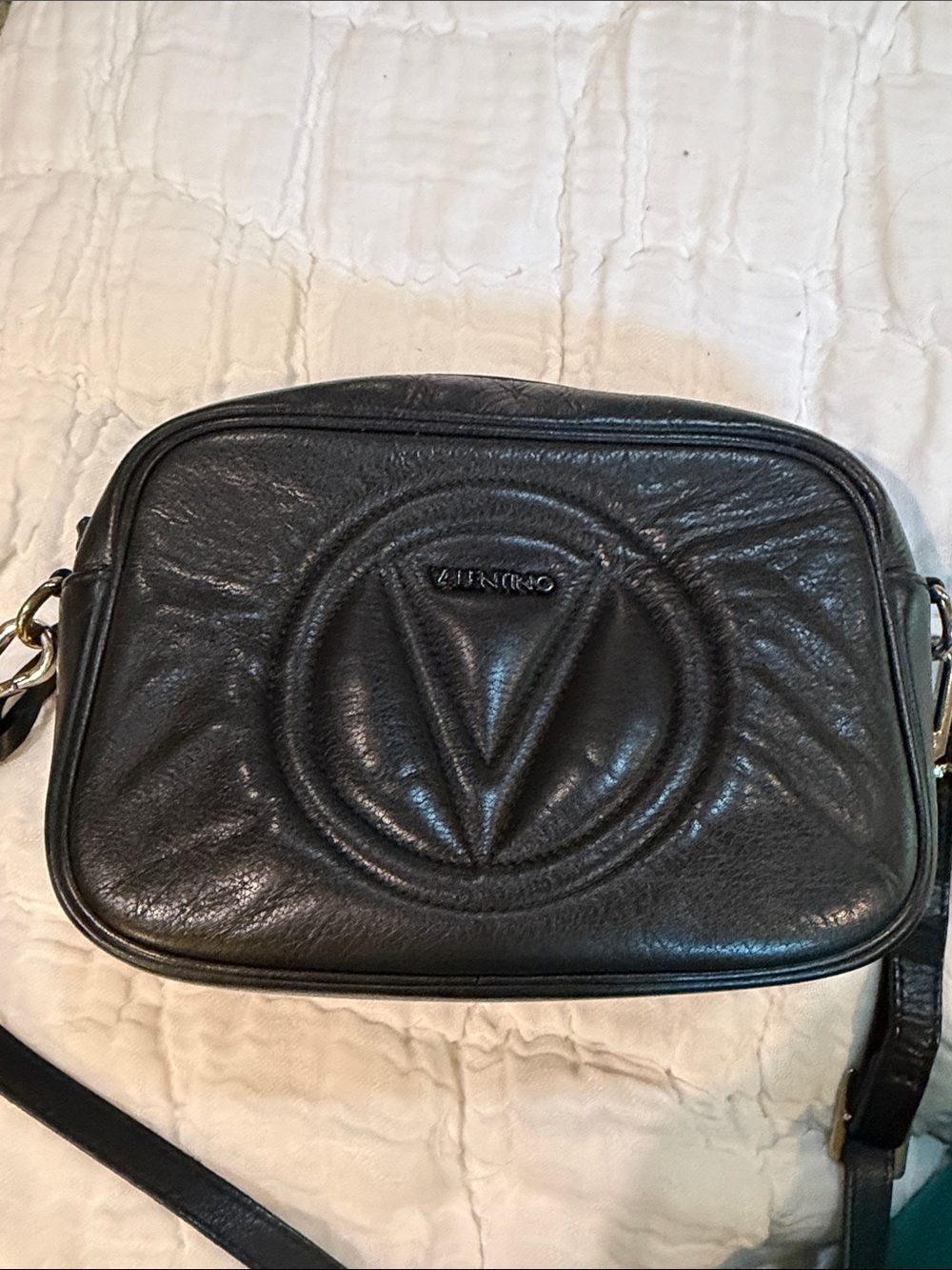 Mario Valentino Black Leather Messenger Bag with Embossed V Logo